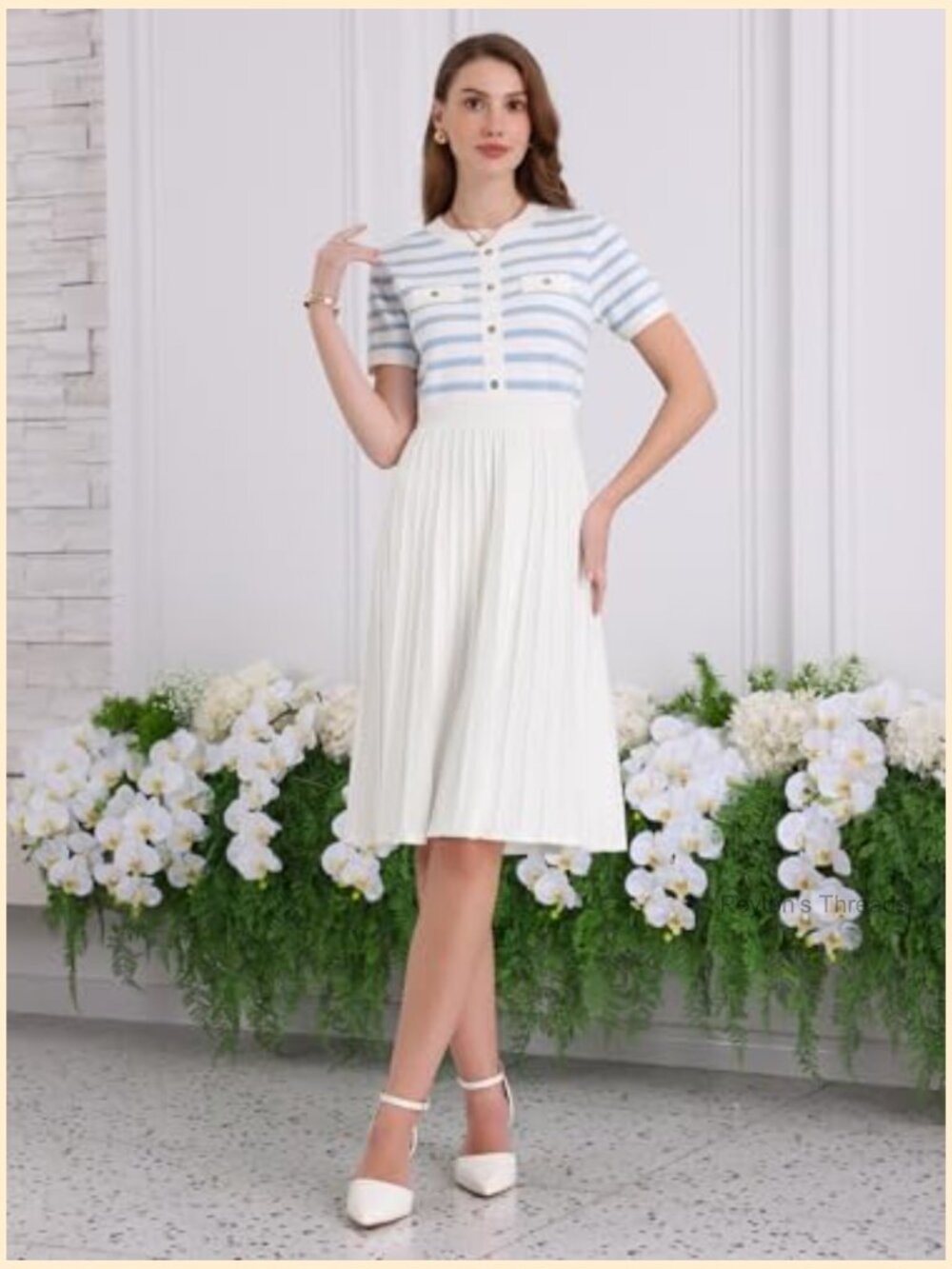 Striped Pleated A-Line Knit Sweater Dress Short Sleeve Midi Casual - Picture 2 of 6